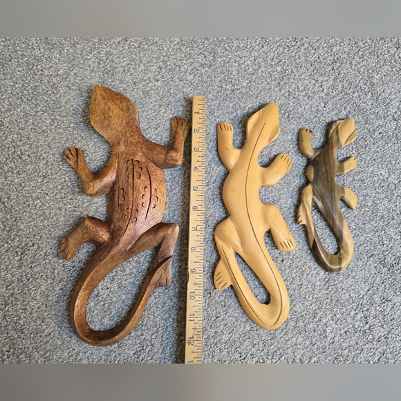 Set of 3 Wooden Lightweight Gecko Lizard Decor Art Outdoors Animal - Picture 3 of 4